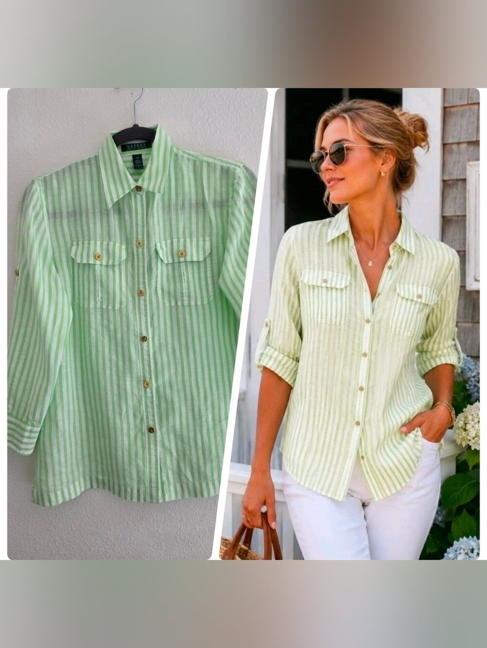 Ralph Lauren Green/White Striped Linen Button-Up Shirt Gold Buttons Roll-Tab  XS